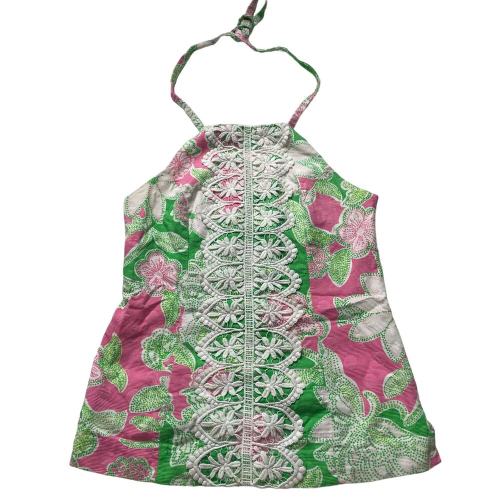 Lilly Pulitzer Pink and Green Floral Halter Top Size 4 Women's